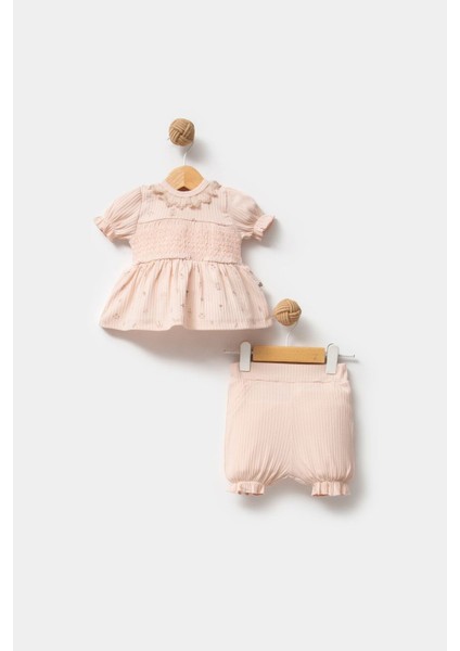 %100 Organik Pamuk Kumaş Dantel Yaka Kız Bebek Şortlu 2'li Takım