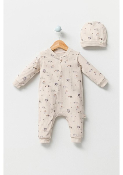 %100 Organik Pamuk Çiftçi Baskı Fermuarlı Bebek Tulum