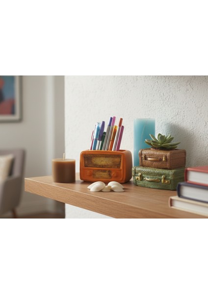 Retro Radyo Saksı ve Kalemlik - Retro Çift Bavul Saksı- Masaüstü Dekoratif Organizer İkili Set 12*8 Turuncu - Yeşil - Kahverengi