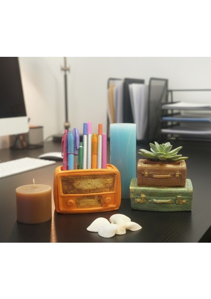 Retro Radyo Saksı ve Kalemlik - Retro Çift Bavul Saksı- Masaüstü Dekoratif Organizer İkili Set 12*8 Turuncu - Yeşil - Kahverengi modelleri