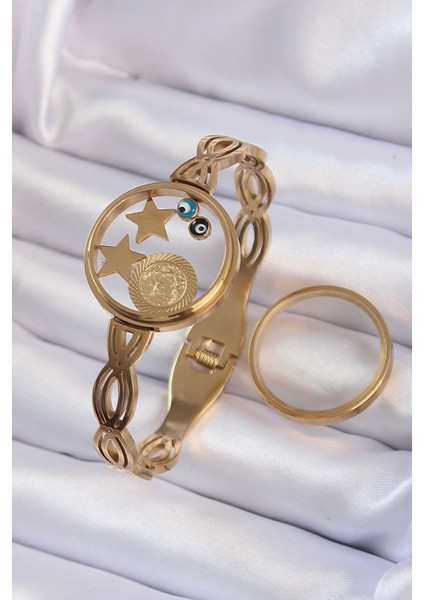 316L Çelik Altın Renk Içi Nazar Boncuk ve Yıldız Figürlü Açılabilir Fanus Kelepçe