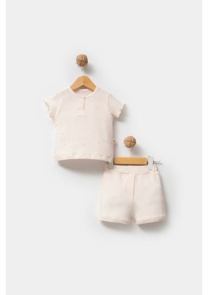 %100 Organik Pamuk Ay Yıldız Baskı Eoke Tex Sertifikalı Kız Bebek Şortlu Takım