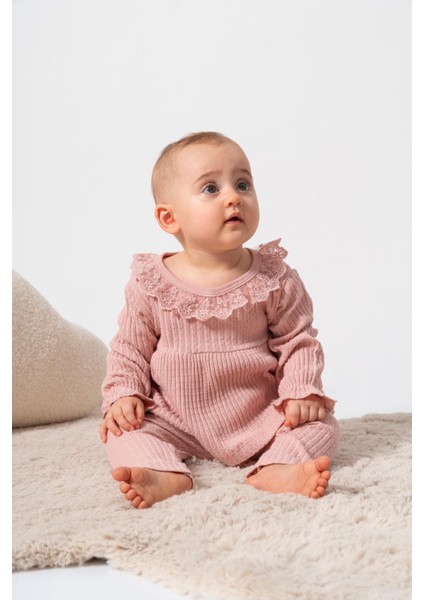 %100 Pamuk Kendinden Desen Kumaş Kız Bebek 2'li Takım