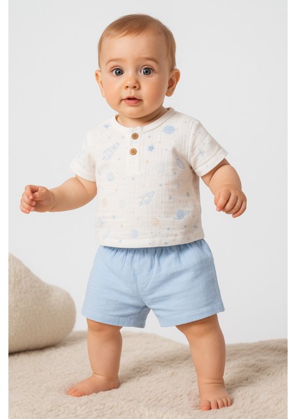 %100 Organik Pamuk Space Desen Müslin Kumaş Bebek Yazlık 2'li Şortlu Takım