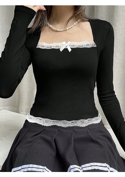 Kare Yaka Dantel Kurdele Detaylı Uzun Kollu Vintage Princess Bluz