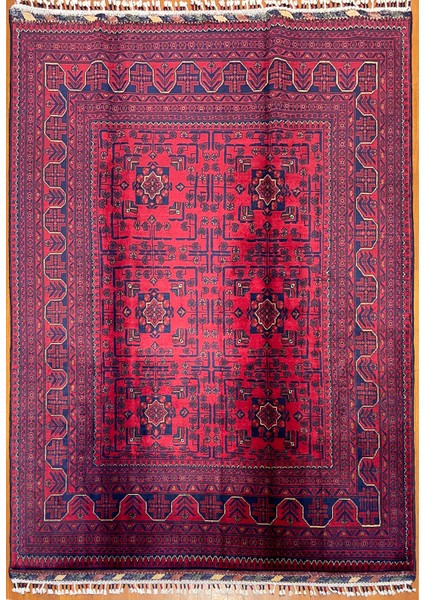 El Dokuma Afgan Halı Yıldız Desenli Bordo Renk 3 Metre Kare