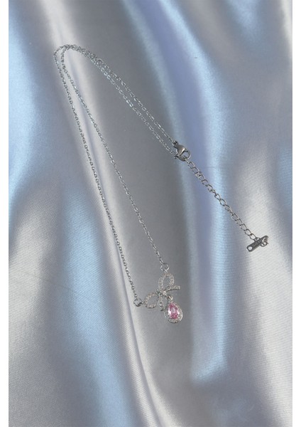 316L Çelik Gümüş Renk Pembe Zirkon Taşlı Damla Kolye modelleri