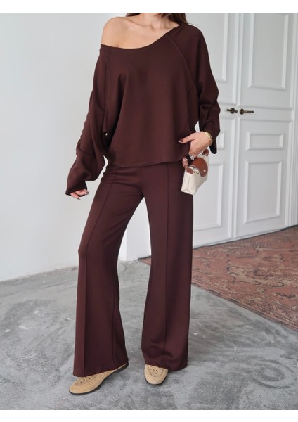 Acı Kahve Geniş Yaka Dikiş Detaylı Modal Bluz - Palazzo Pantolon Takım