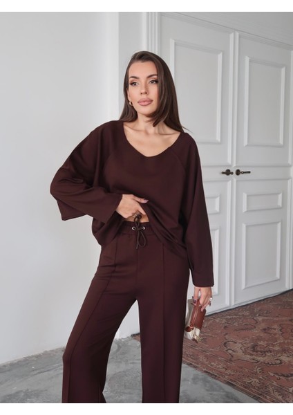 Acı Kahve Geniş Yaka Dikiş Detaylı Modal Bluz - Palazzo Pantolon Takım modelleri