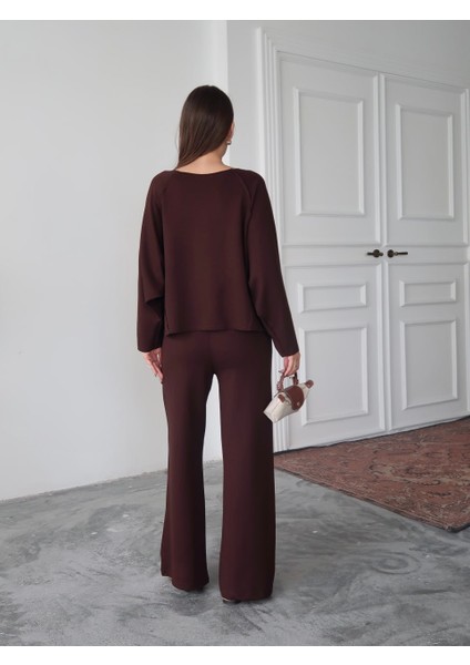 Acı Kahve Geniş Yaka Dikiş Detaylı Modal Bluz - Palazzo Pantolon Takım fırsatları