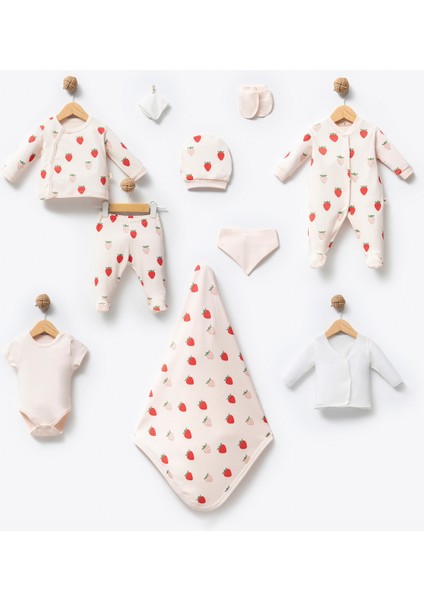 %100 0rganik Pamuk Çilek Baskılı Kutulu 10 Parça Unisex Bebek Hastane Çıkış Seti