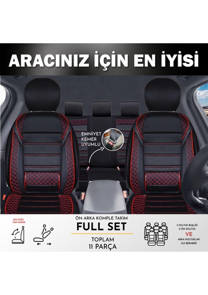 Mazda 2 Uyumlu Lüx Bel Destekli Yarı Deri Oto Koltuk Kılıfı Mars Series Siyah Kırmızı Renk Aldys