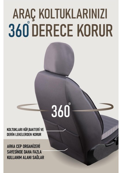 Peugeot 207 Uyumlu Lüx Bel Destekli Yarı Deri Oto Koltuk Kılıfı Mars Series Füme Renk Aldys