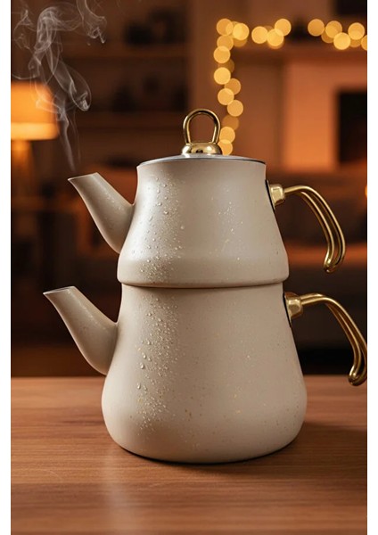 Granit Kaplama Krem Çaydanlık Altın Kulplu Cam Kapaklı 2,30 lt Alt Demlik 1,20 lt