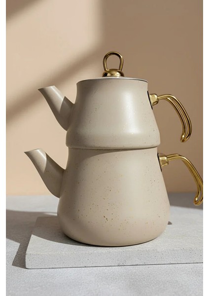 Granit Kaplama Krem Çaydanlık Altın Kulplu Cam Kapaklı 2,30 lt Alt Demlik 1,20 lt fiyatları