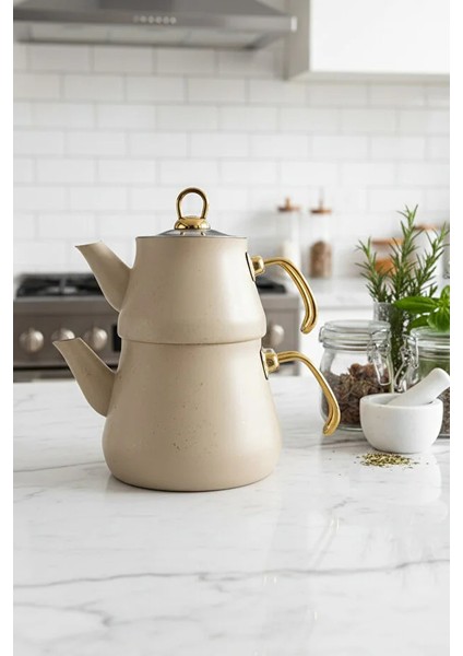 Granit Kaplama Krem Çaydanlık Altın Kulplu Cam Kapaklı 2,30 lt Alt Demlik 1,20 lt modelleri