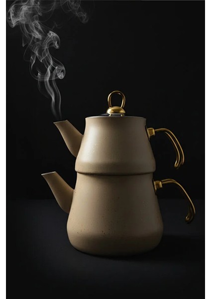 Granit Kaplama Krem Çaydanlık Altın Kulplu Cam Kapaklı 2,30 lt Alt Demlik 1,20 lt fırsatları