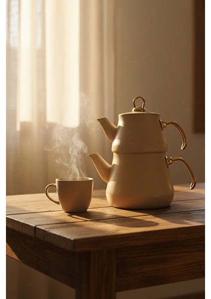 Granit Kaplama Krem Çaydanlık Altın Kulplu Cam Kapaklı 2,30 lt Alt Demlik 1,20 lt indirimleri