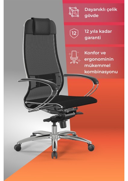 Samurai Ergonomik Koltuk | Bel Destekli, Tekerlekli, Krom Ayaklı, Siyah, Fileli Yönetici Koltuğu -5.2.1.49