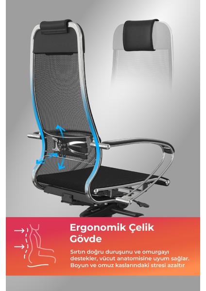 Samurai Ergonomik Koltuk | Bel Destekli, Tekerlekli, Krom Ayaklı, Siyah, Fileli Yönetici Koltuğu -5.2.1.49 fiyatları