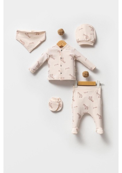 %100 Organik Pamuk Zürafa Baskı 5'li Bebek Hastane Çıkış Seti