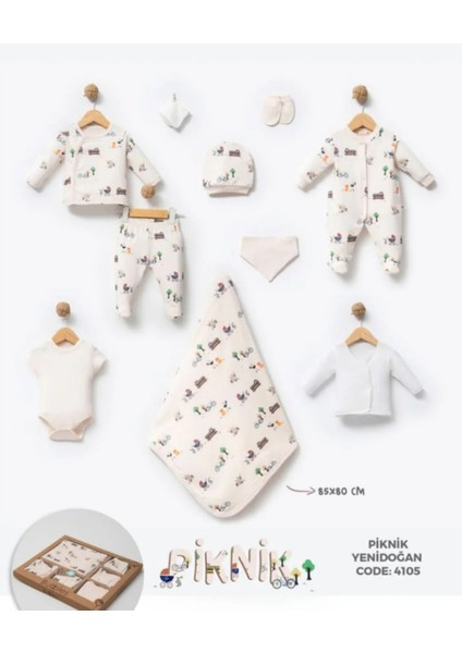 %100 Organik Pamuk Piknik Baskılı 10 Parça Kutulu Unısex Bebek Hastane Çıkış Seti modelleri