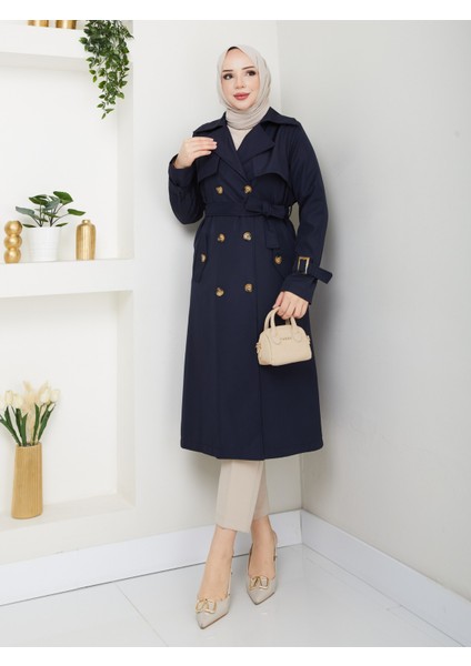 Kadın Lacivert Arkası Düğmeli Trençkot