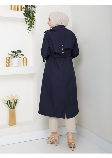 Kadın Lacivert Arkası Düğmeli Trençkot modelleri
