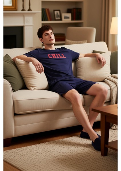 Erkek Bisiklet Yaka Kısa Kollu Baskılı Pijama Takımı Fonksiyonel Dayanıklı Kaliteli Modern