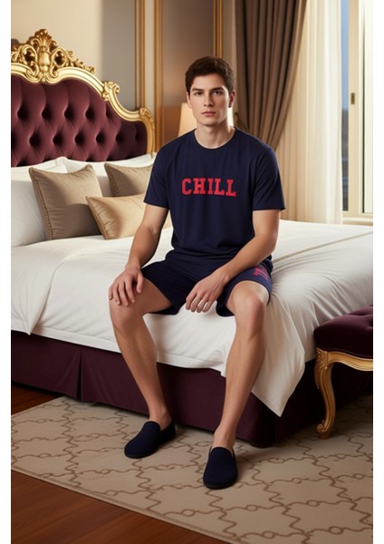 Erkek Bisiklet Yaka Kısa Kollu Baskılı Pijama Takımı Fonksiyonel Dayanıklı Kaliteli Modern modelleri