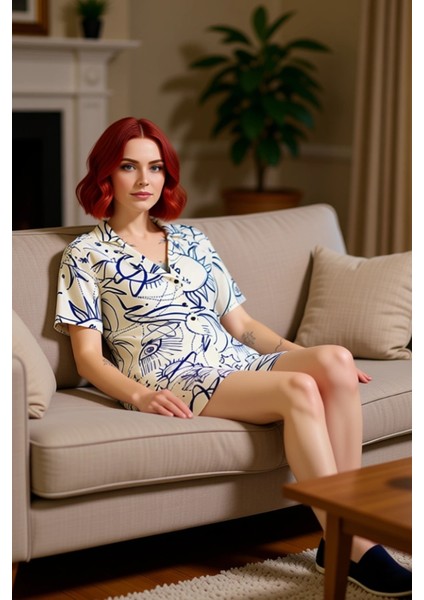 Kadın Galaksi Desenli Viskon Gömlek Şort Pijama Takımı Fonksiyonel Dayanıklı Kaliteli Spor