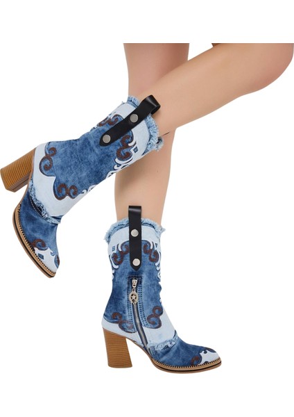 /kovboy Kot Çizmeleri, Kadın Kot Ayakkabılar, Western Botlar, Platform Kot Botlar / Mavi Renk Kot Çizme /doğum Günü Hediyesi