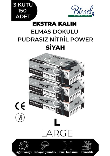 Nitril Siyah Power Muayene Eldiveni L - 3 Paket 50 Li