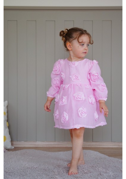 Kız Bebek Elbise Uzun Kollu Fiyonklu Güllü Doğum Günü Parti Düğün Özel Gün Abiye Kız Çocuk Elbise ALY1021