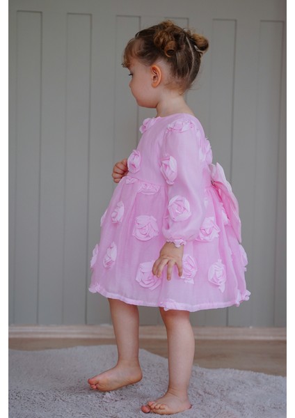 Kız Bebek Elbise Uzun Kollu Fiyonklu Güllü Doğum Günü Parti Düğün Özel Gün Abiye Kız Çocuk Elbise ALY1021