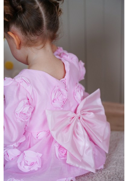 Kız Bebek Elbise Uzun Kollu Fiyonklu Güllü Doğum Günü Parti Düğün Özel Gün Abiye Kız Çocuk Elbise ALY1021