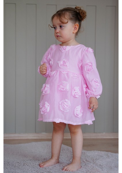 Kız Bebek Elbise Uzun Kollu Fiyonklu Güllü Doğum Günü Parti Düğün Özel Gün Abiye Kız Çocuk Elbise ALY1021