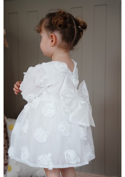 Kız Bebek Elbise Uzun Kollu Fiyonklu Güllü Doğum Günü Parti Düğün Özel Gün Abiye Kız Çocuk Elbise ALY1021