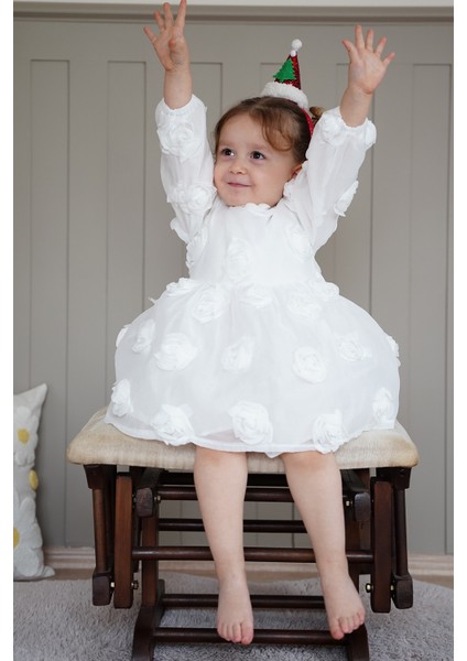 Kız Bebek Elbise Uzun Kollu Fiyonklu Güllü Doğum Günü Parti Düğün Özel Gün Abiye Kız Çocuk Elbise ALY1021