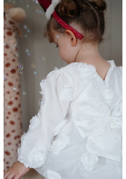 Kız Bebek Elbise Uzun Kollu Fiyonklu Güllü Doğum Günü Parti Düğün Özel Gün Abiye Kız Çocuk Elbise ALY1021