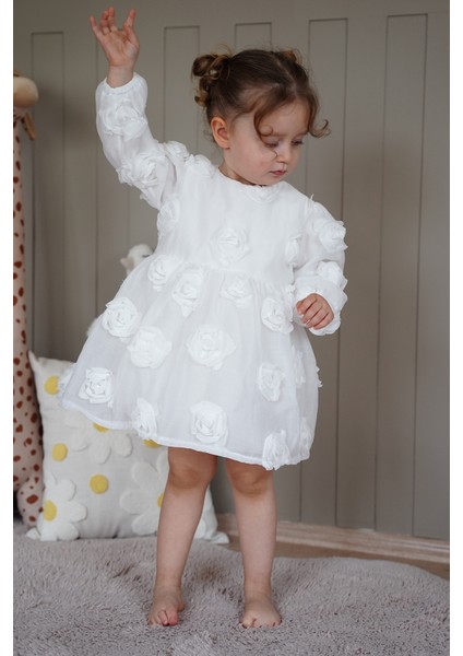 Kız Bebek Elbise Uzun Kollu Fiyonklu Güllü Doğum Günü Parti Düğün Özel Gün Abiye Kız Çocuk Elbise ALY1021