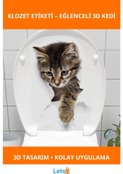3D Eğlenceli Kedi Tasarımlı Klozet Stickerı