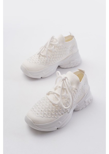 ZRİN-2024 Premium Beyaz Bağcıklı Triko Taşlı Kadın Spor Ayakkabı fiyatları