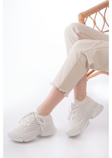 ZRİN-2024 Premium Beyaz Bağcıklı Triko Taşlı Kadın Spor Ayakkabı modelleri