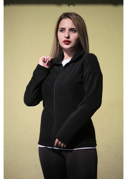 Kadın Önü Fermuarlı Cepli Kışlık Siyah Polar Ceket