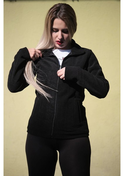 Kadın Önü Fermuarlı Cepli Kışlık Siyah Polar Ceket fiyatları