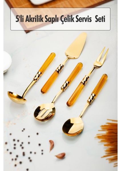 5 Parça Gold Servis Seti & Servis Sunum Seti Amber ( Kepçe / Kevgir / Sıpatula / Çatal / Kaşık )