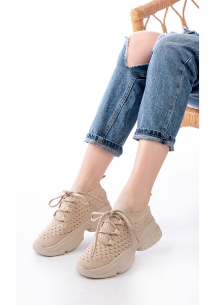 ZRİN-2024 Premium Bej Bağcıklı Triko Taşlı Kadın Spor Ayakkabı