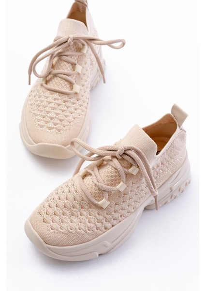 ZRİN-2024 Premium Bej Bağcıklı Triko Taşlı Kadın Spor Ayakkabı fırsatları