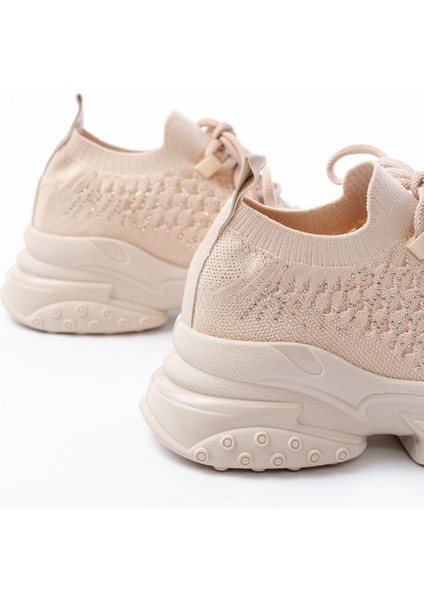 ZRİN-2024 Premium Bej Bağcıklı Triko Taşlı Kadın Spor Ayakkabı indirimleri